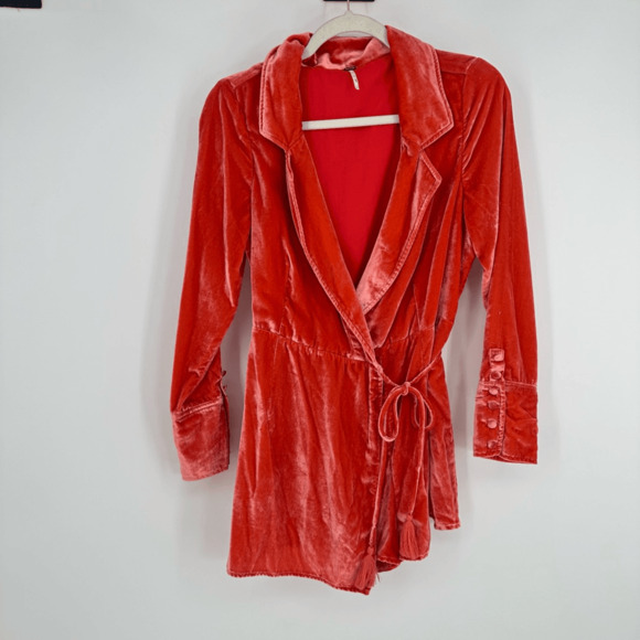 Free People Viola Velvet Romper Size S Orange Long Sleeve Tassels Boho Festival - Picture 15 of 15